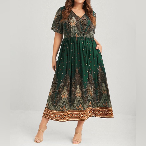 Bloomchic Bandana Pocket Button Wrap Split Midi Dress Size 10 Green NWT - Picture 2 of 12